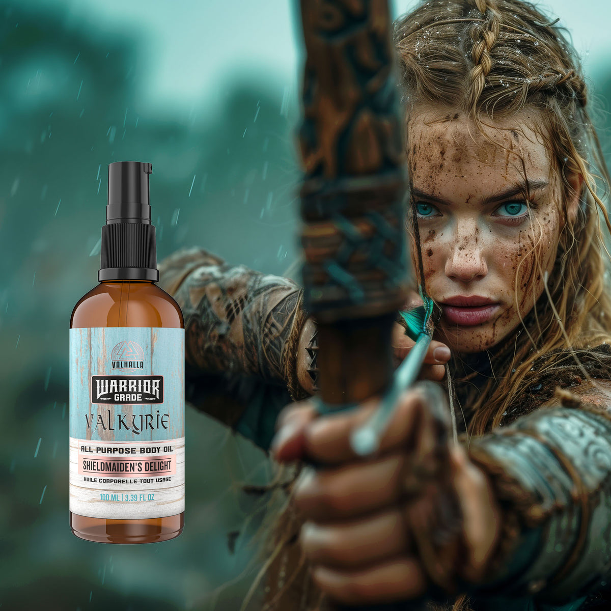 Young attractive Shield-maiden with a box and arrow. pulling back on the arrow and staring into the camera. Valhalla Legends Body Oil on the side. 