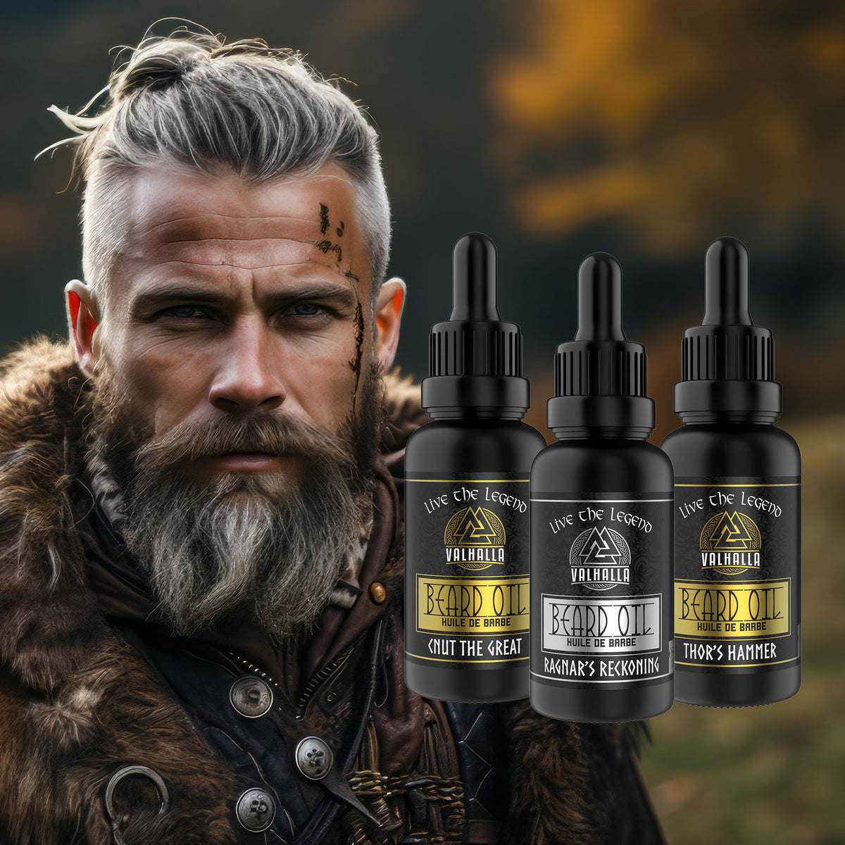 Attractive Modern Viking Man wearing viking clothing and looking into the camera. Has a nice beard and trendy hair cut. Valhalla Legend Beard Oils placed on the side of the image. 