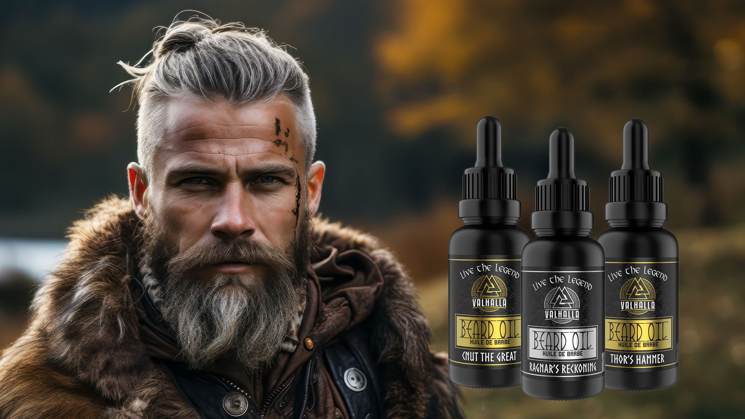 Modern Viking Man with a trendy hair cut and three beard oils off to the side