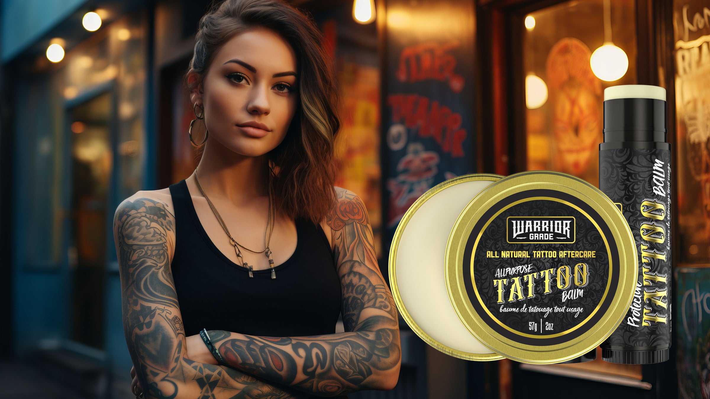 Beautiful tattooed woman with her arms crossed in neon lighting outside a tattoo shop. Marketing images of Valhalla Legends tattoo balm on the side