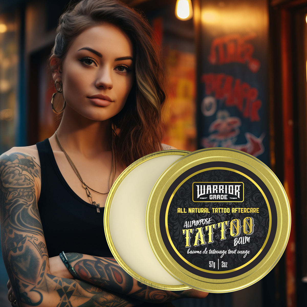 Beautiful tattooed woman with her arms crossed in neon lighting outside a tattoo shop. Marketing images of Valhalla Legends tattoo balm on the side