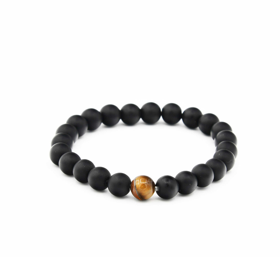 8mm Bracelet Black Beads with a single Tiger Eye bead