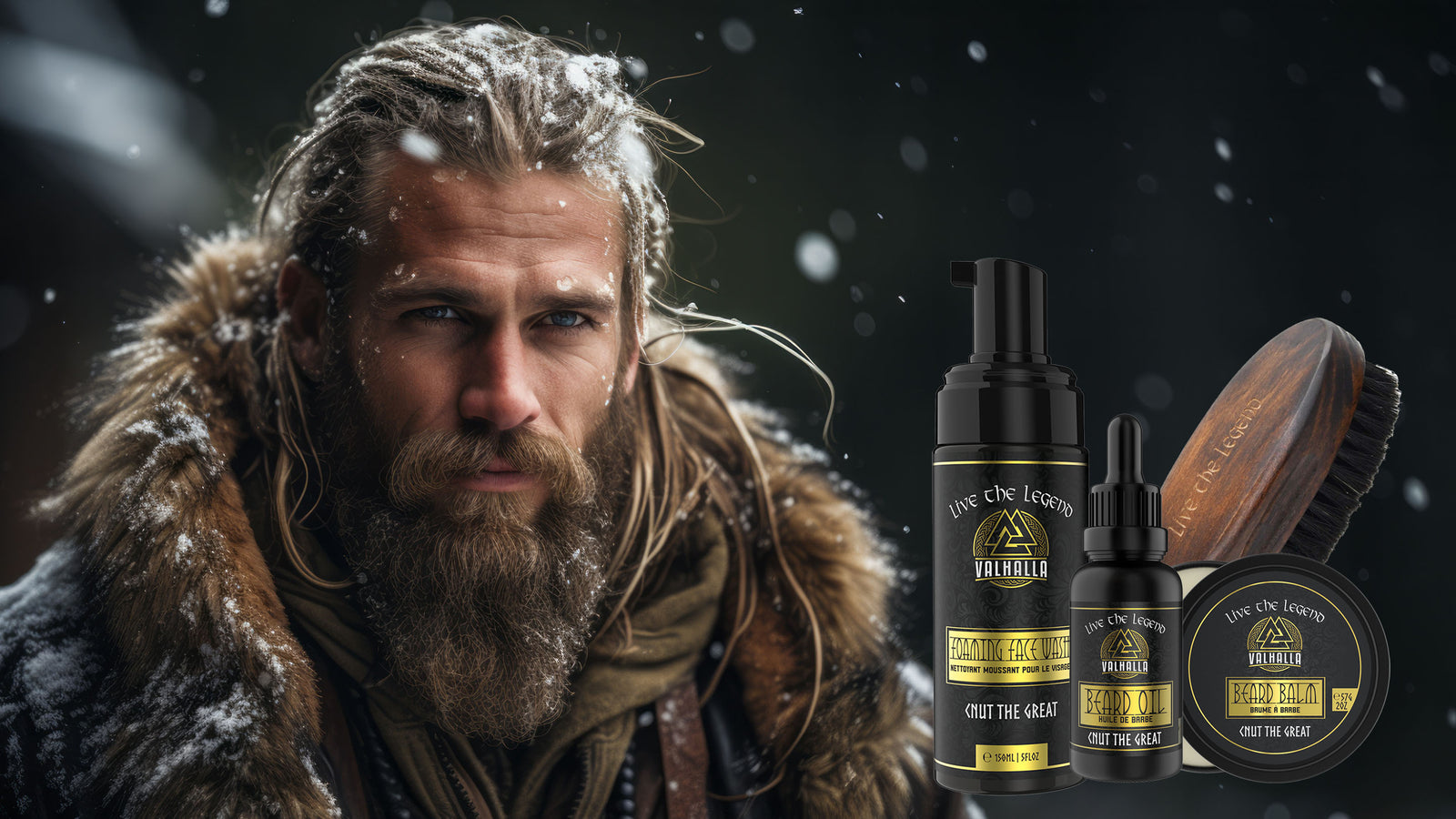 Viking man with a well kept beard with snow falling. Beard Care items on the side. Tips for Viking Beard Care in winter