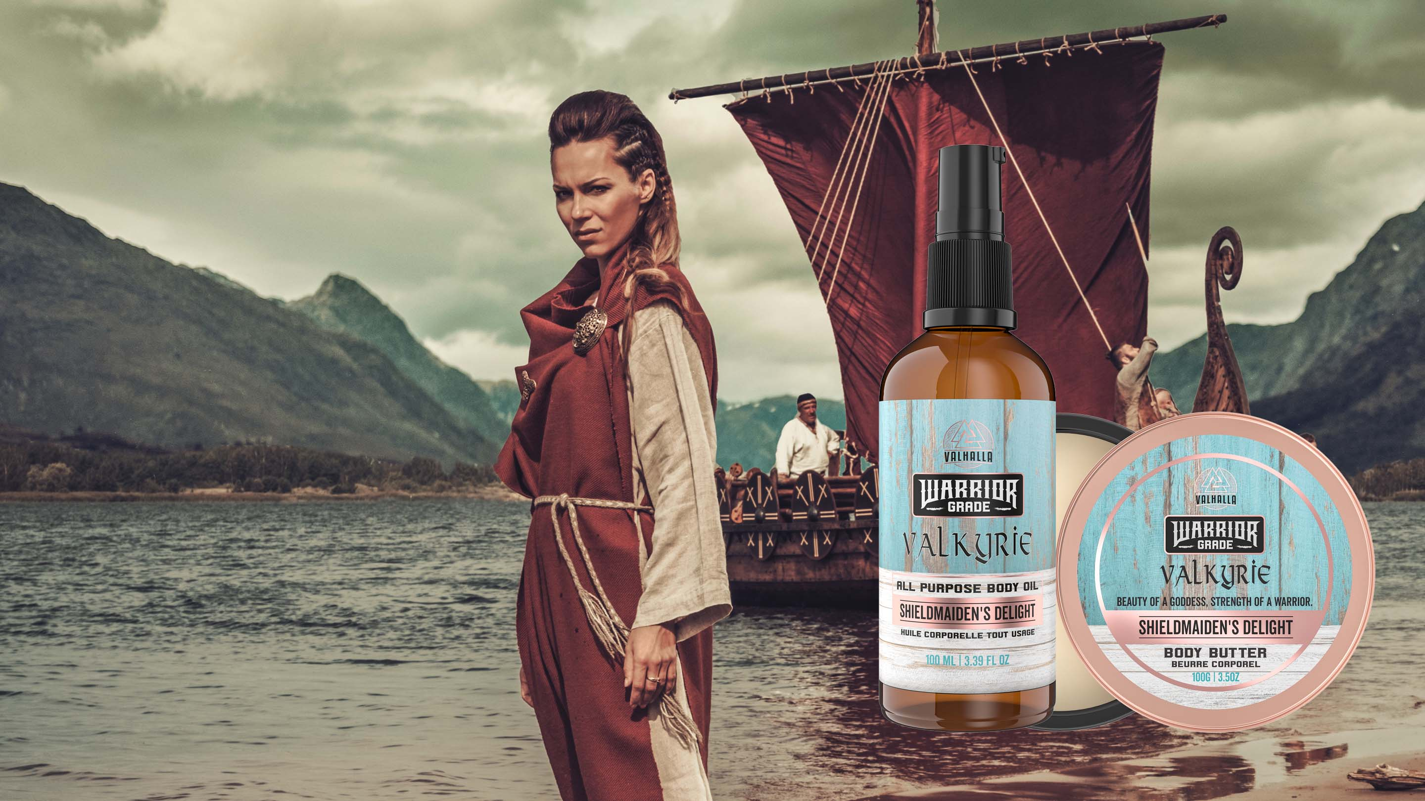 Viking Shield-Maiden standing in front of a viking ship with Valkyrie Edition Body Oil and Body Butter
