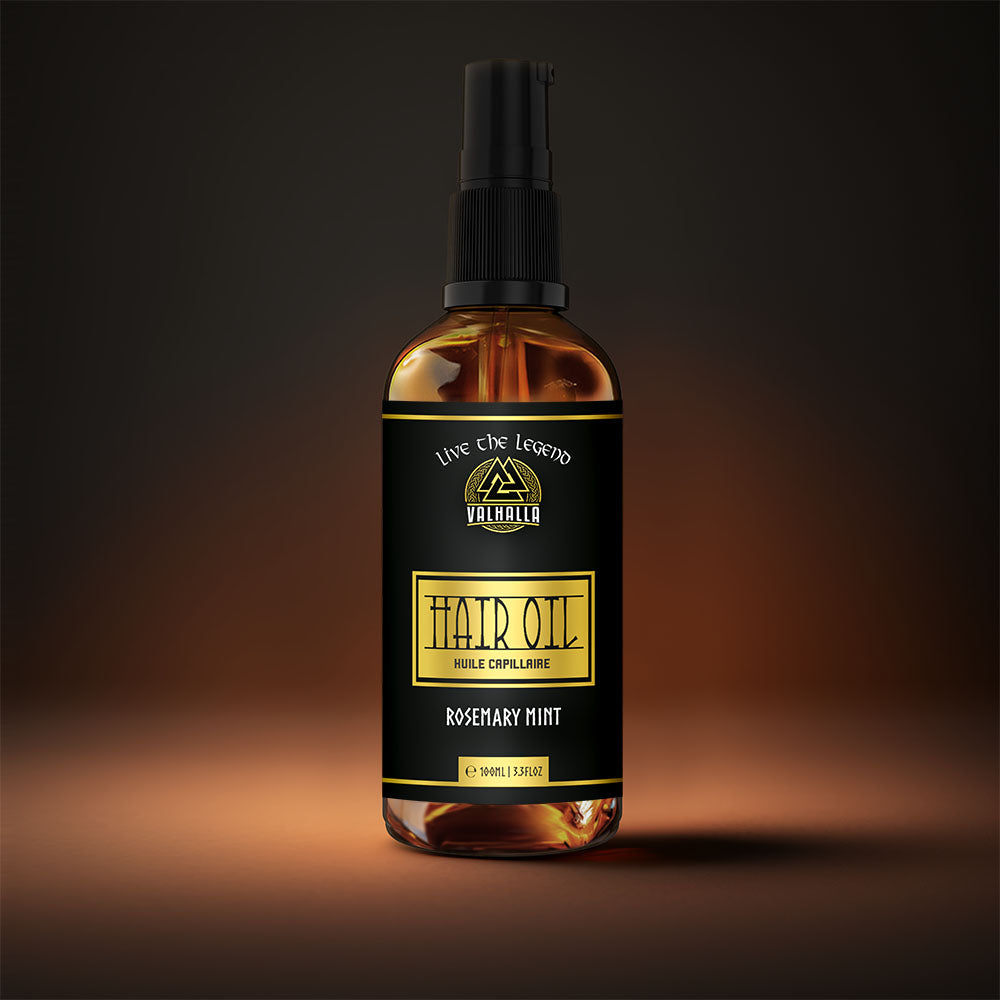 Bottle of 100% Natural Hair Oil on a luxurious rich background. Made by Valhalla Live the Legend. Canadian Made Hair oil