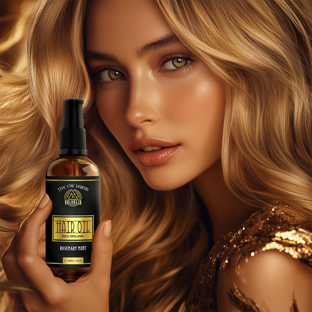 Attractive Blond girl with beautiful hair holding a bottle of Hair Oil - Rosemary Mint made by Valhalla Live the Legend