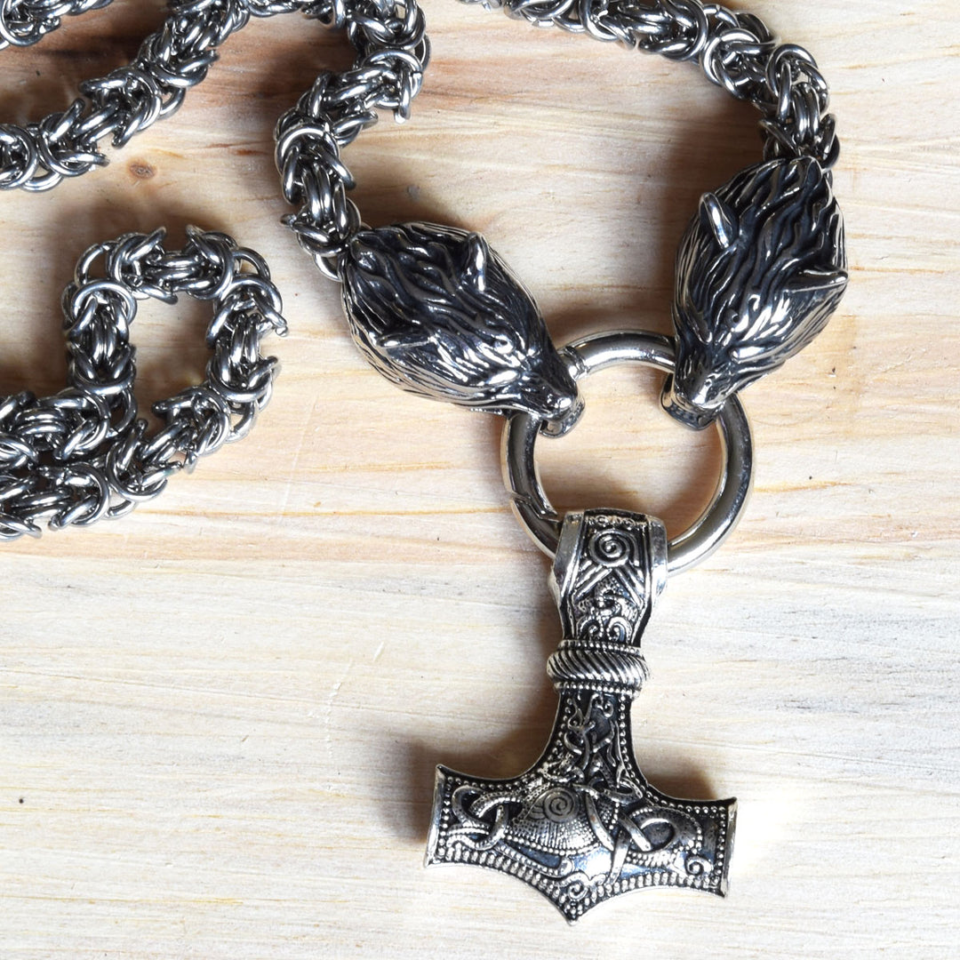 STAINLESS STEEL Large Wolf Head Necklace with Thor's Hammer