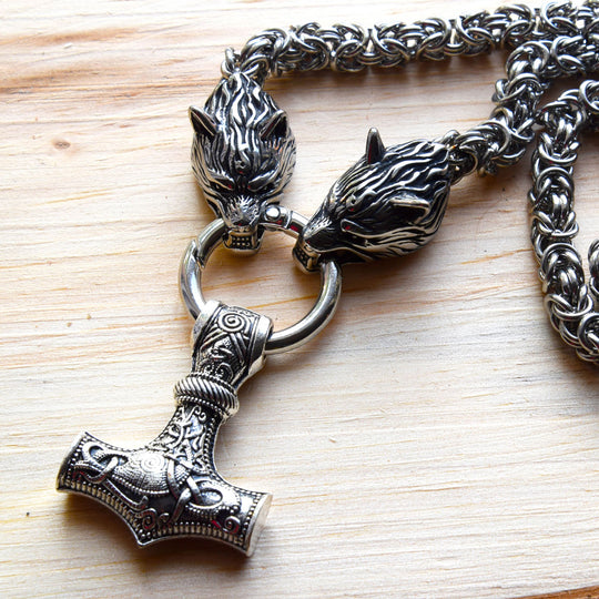 STAINLESS STEEL Large Wolf Head Necklace with Thor's Hammer