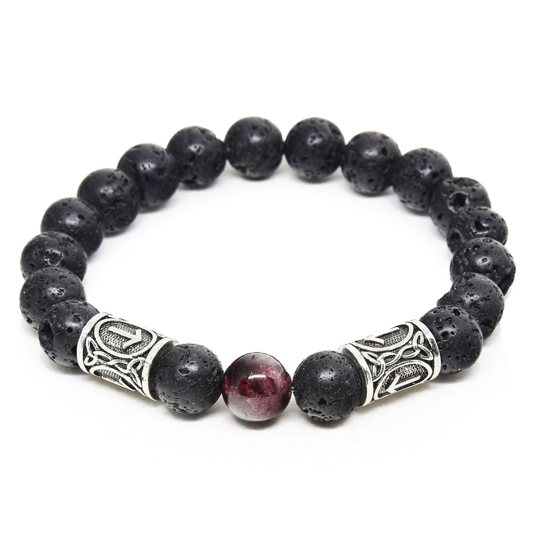 10mm Lava Rock Bracelet with Red Garnet and Rune Beads